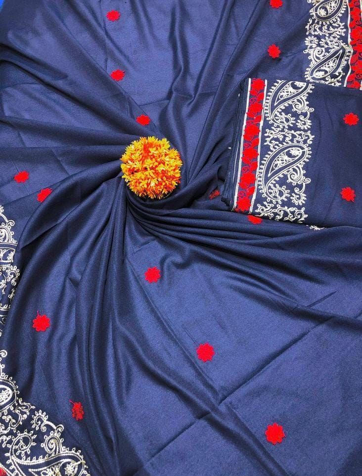 Swiss Embroidered Shawl Blue Red Gold Paisley 2.5 Gazz