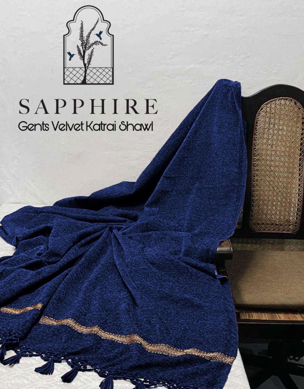 Sapphire Gents Velvet Shawl Deep Blue Embroidered Border
