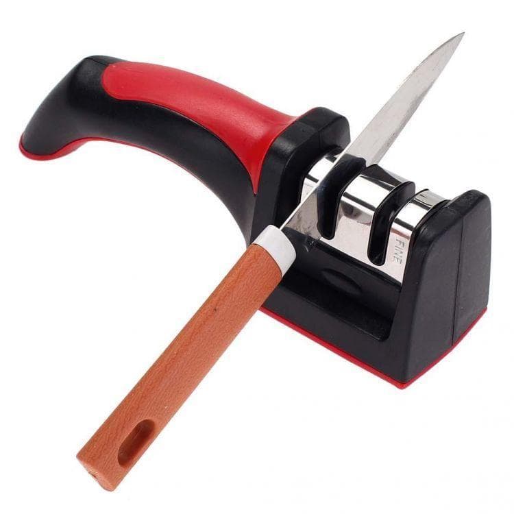 3-in-1 Knife Sharpener Stainless Steel Black Red Handle