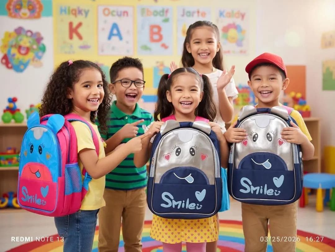 Kids Cartoon School Bags Blue Pink Smile Design