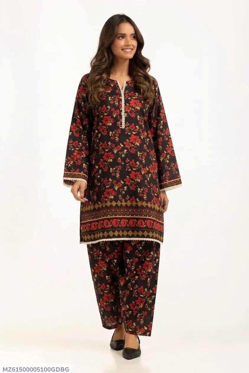 Women Printed 2-Piece Suit Black Polo Cotton Bakra Eid