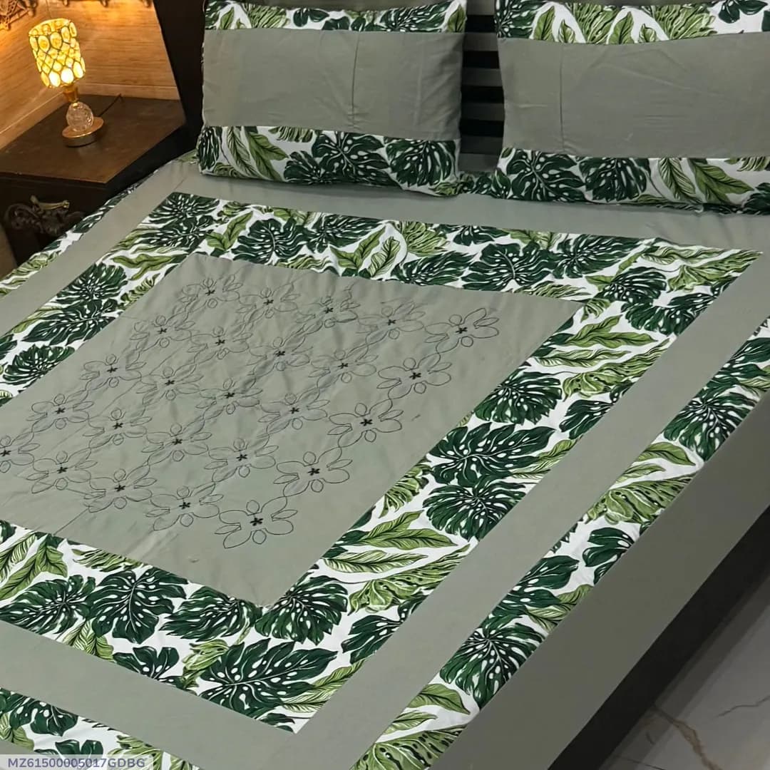 Green Tropical Leaf Patchwork Cotton Bedsheet Set for Double Bed