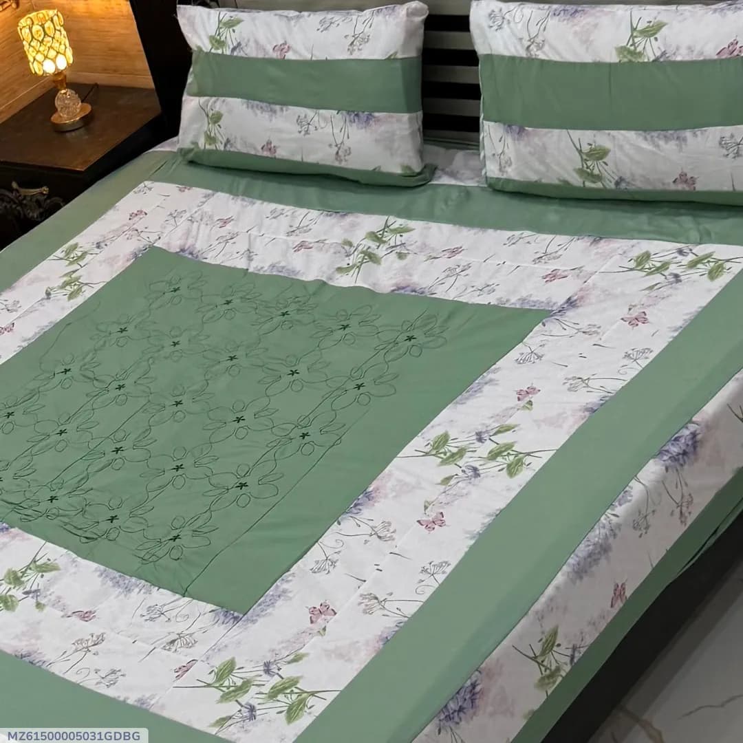 Green Patchwork Cotton Bedsheet Set Double Bed 3 Pcs