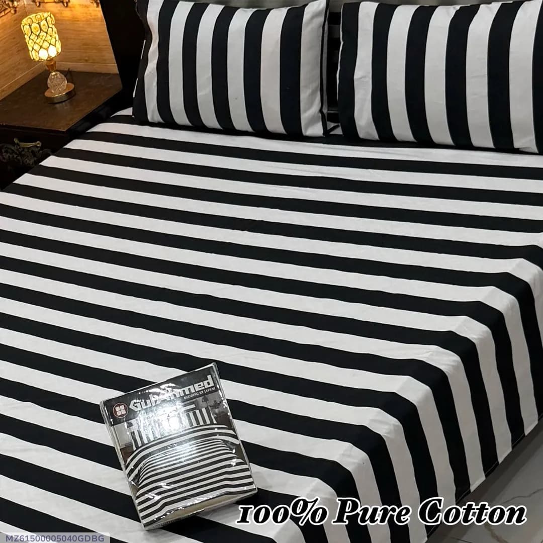 Double Bed Striped Cotton Bedsheet Set Black 3 Pcs
