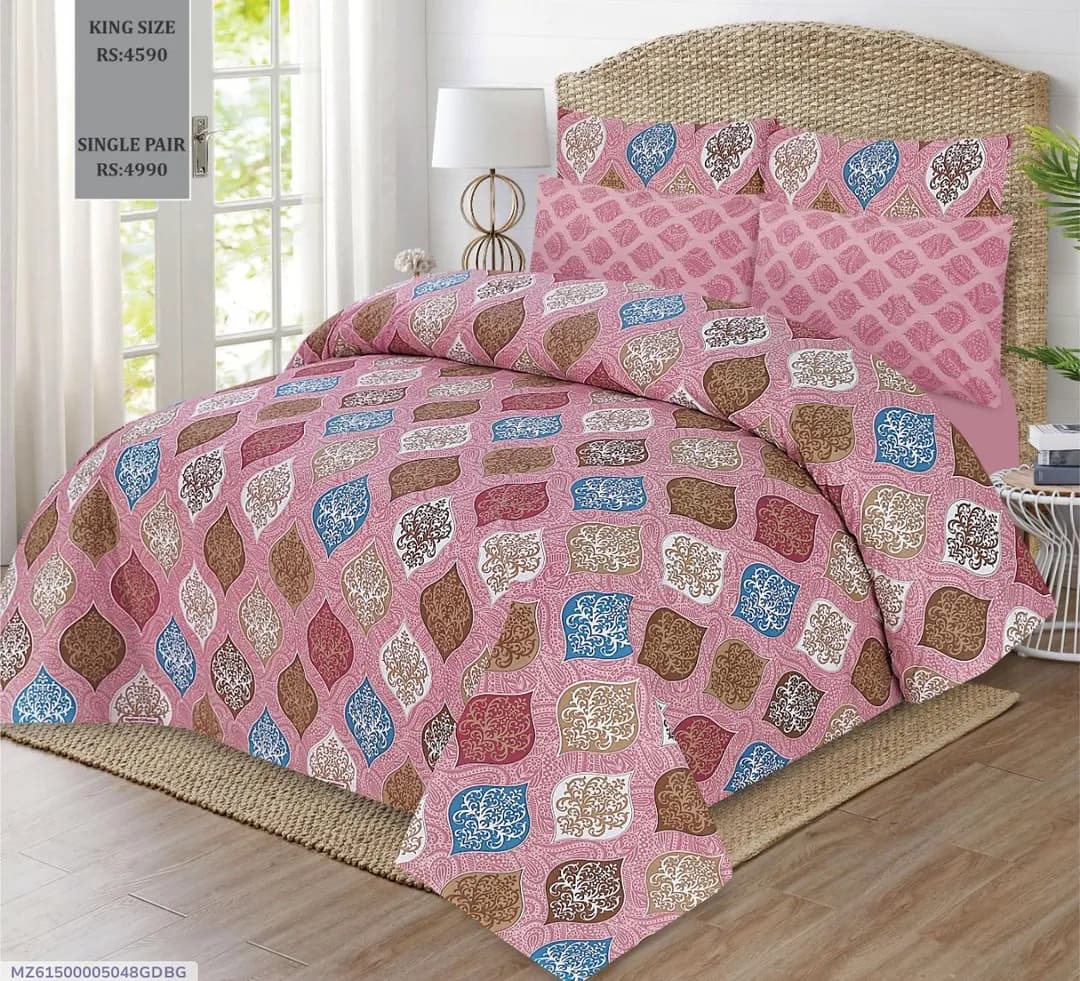Pink Printed Cotton Double Bed 3Pcs Set