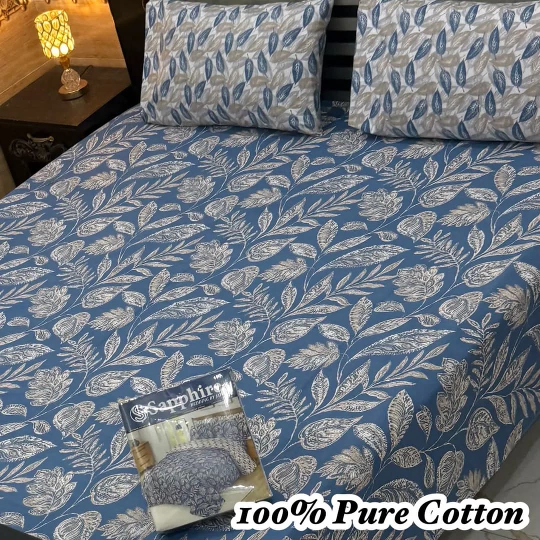 Turquoise Printed Cotton Bedsheet Set for Double Bed