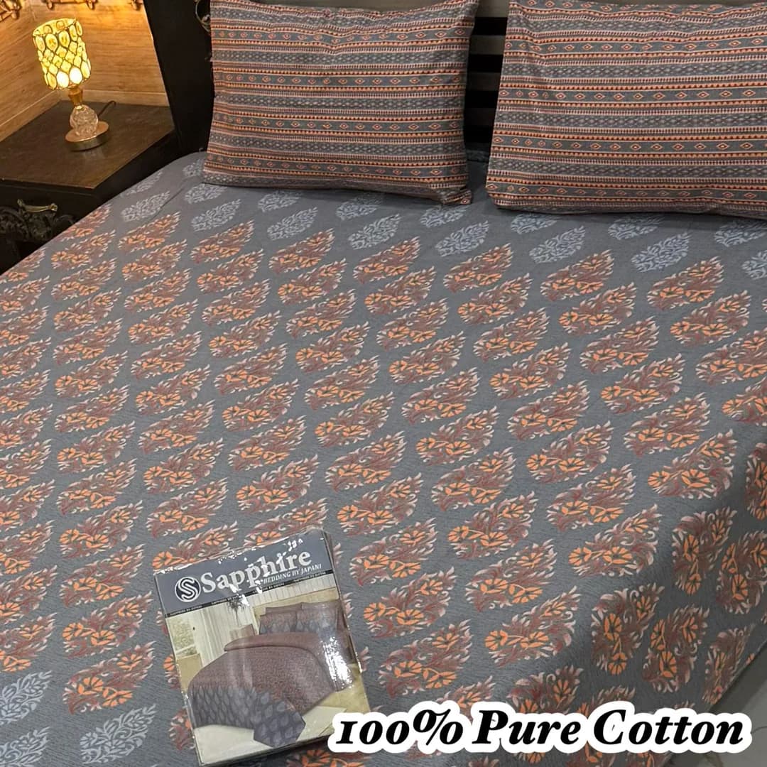 Cotton Printed King Size Bedsheet Set Grey