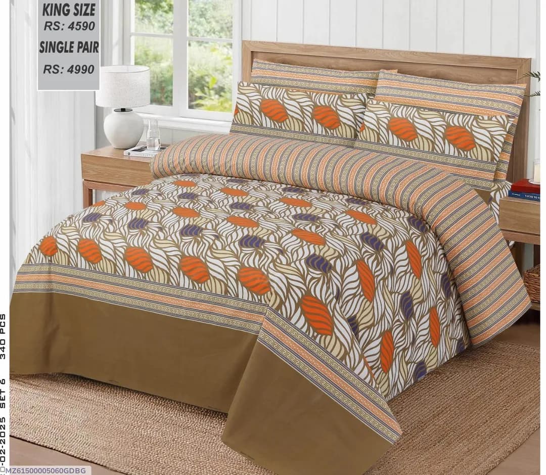 Cotton Printed King Size Bedsheet Set Off White 3 Pcs