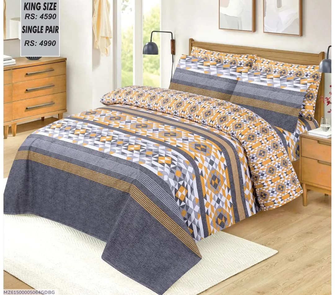 Cotton Printed King Size Bedsheet Set Yellow