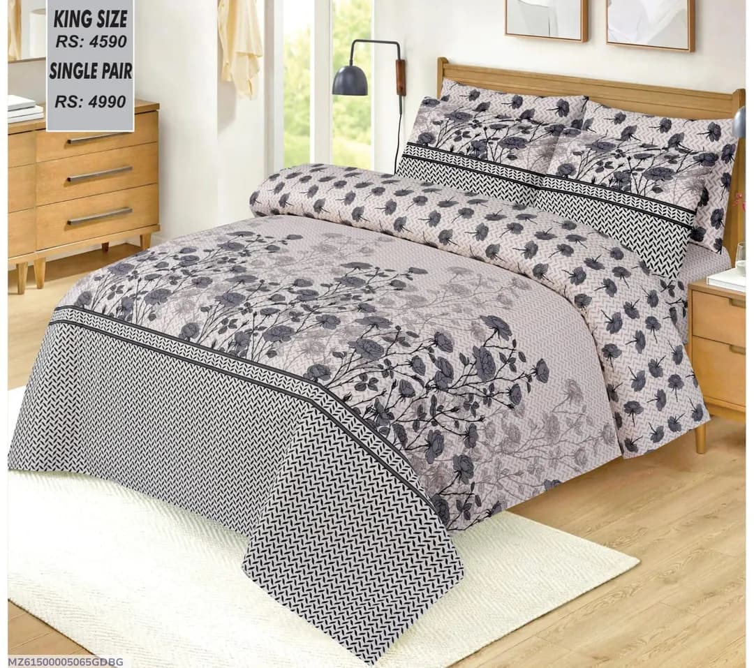 Cotton Printed King Size Bedsheet Set Off White 3 Pcs