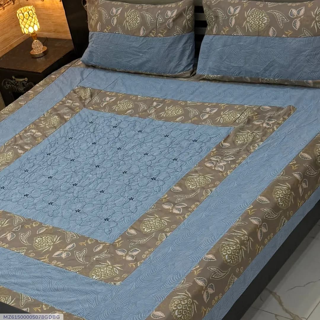 Turquoise Cotton Patchwork Double Bedsheet Set 3 Pcs