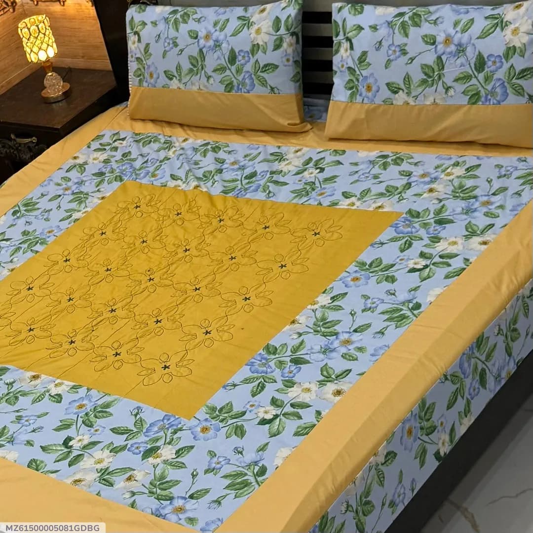 Double Bedsheet Yellow Patchwork Cotton 3 Pcs