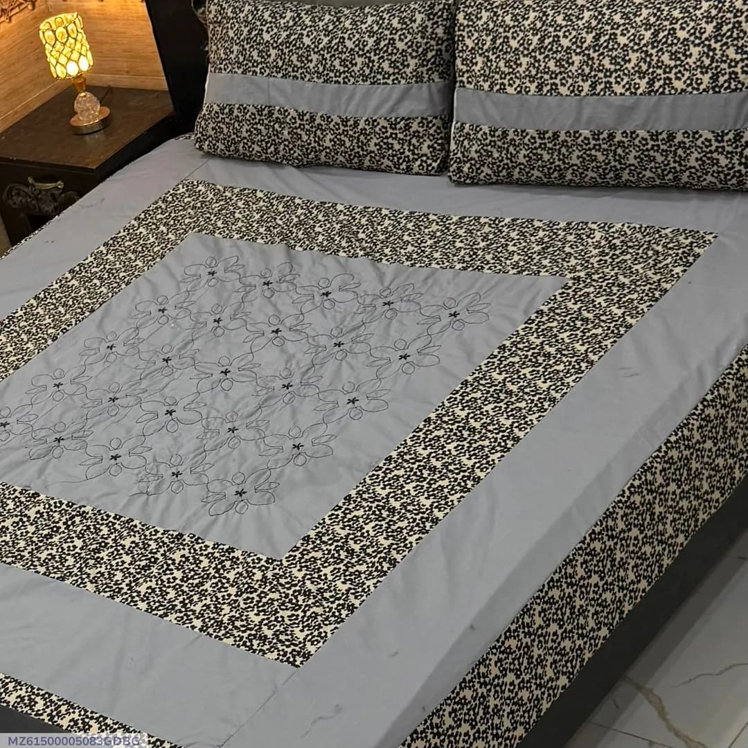 Double Bedsheet Set Grey Cotton Patchwork 3 Pcs