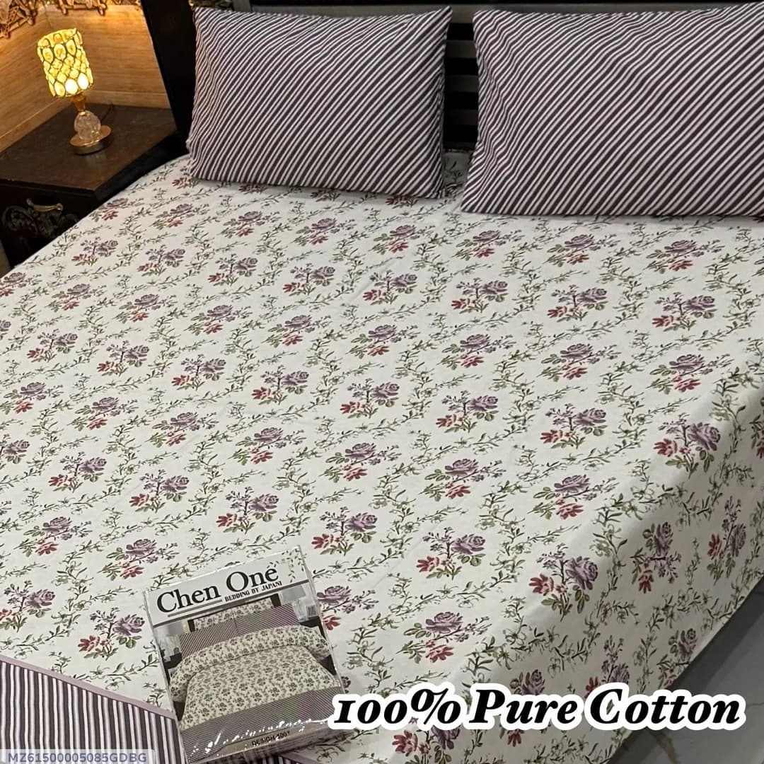100% Pure Cotton Printed Double Bedsheet Set White