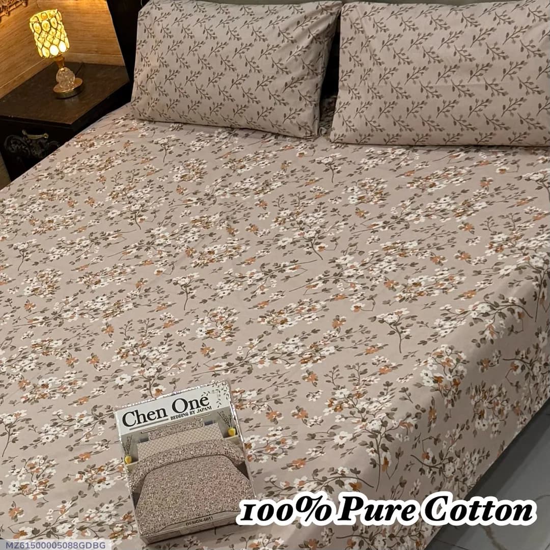 100% Pure Cotton Printed Double Bedsheet Set Peach