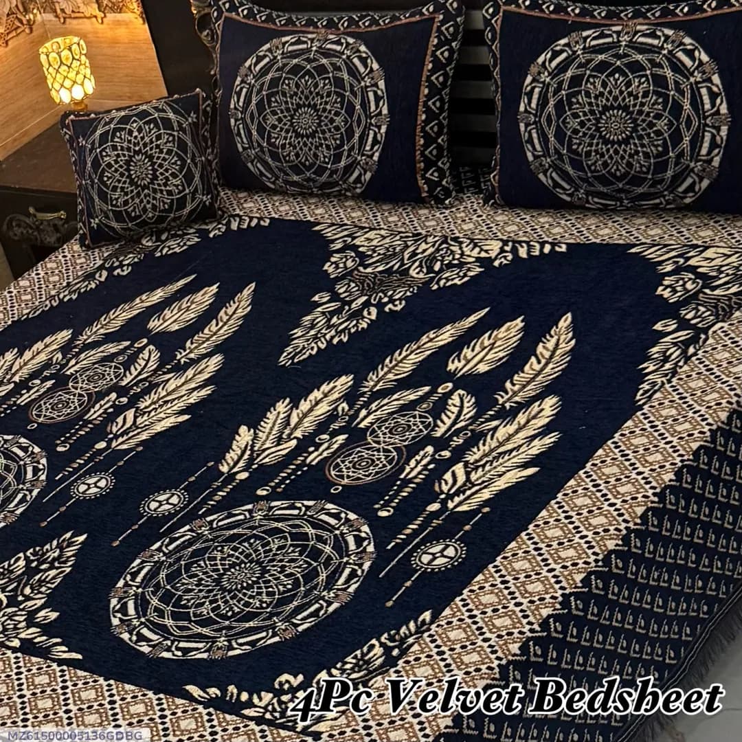 4 Pcs Velvet Jacquard Embroidered Double Bedsheet
