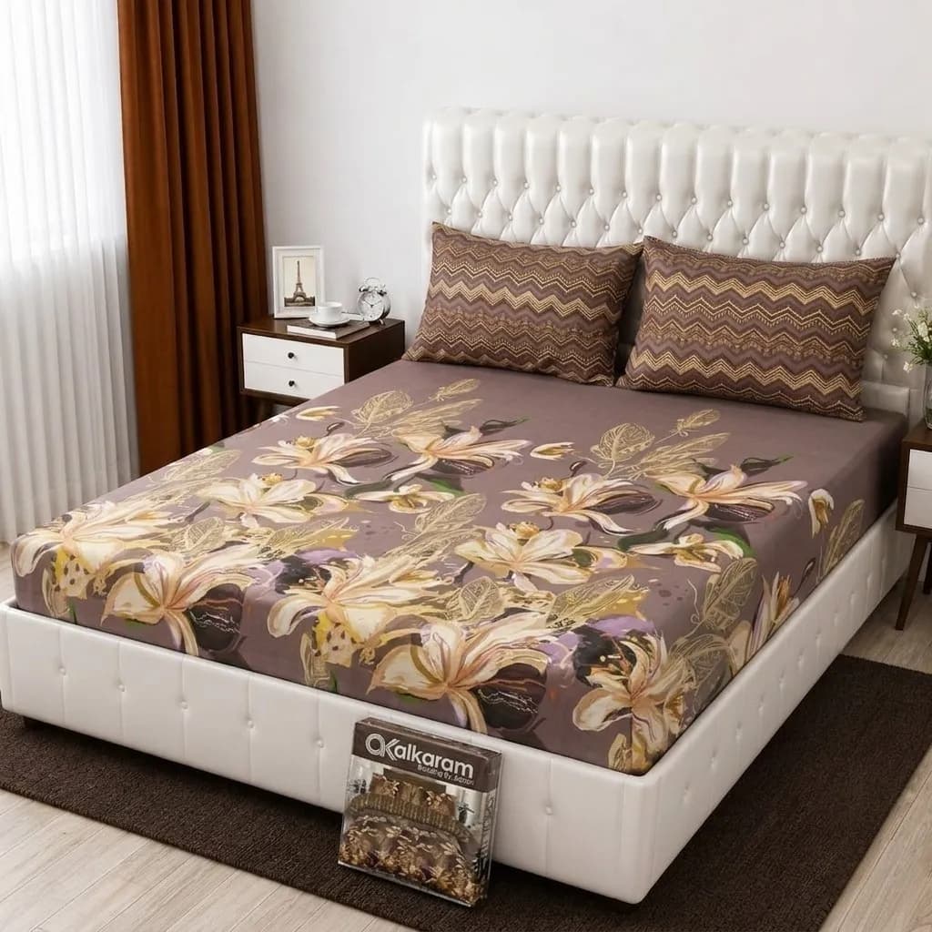 3 Pcs Cotton Salonica Printed Double Bedsheet