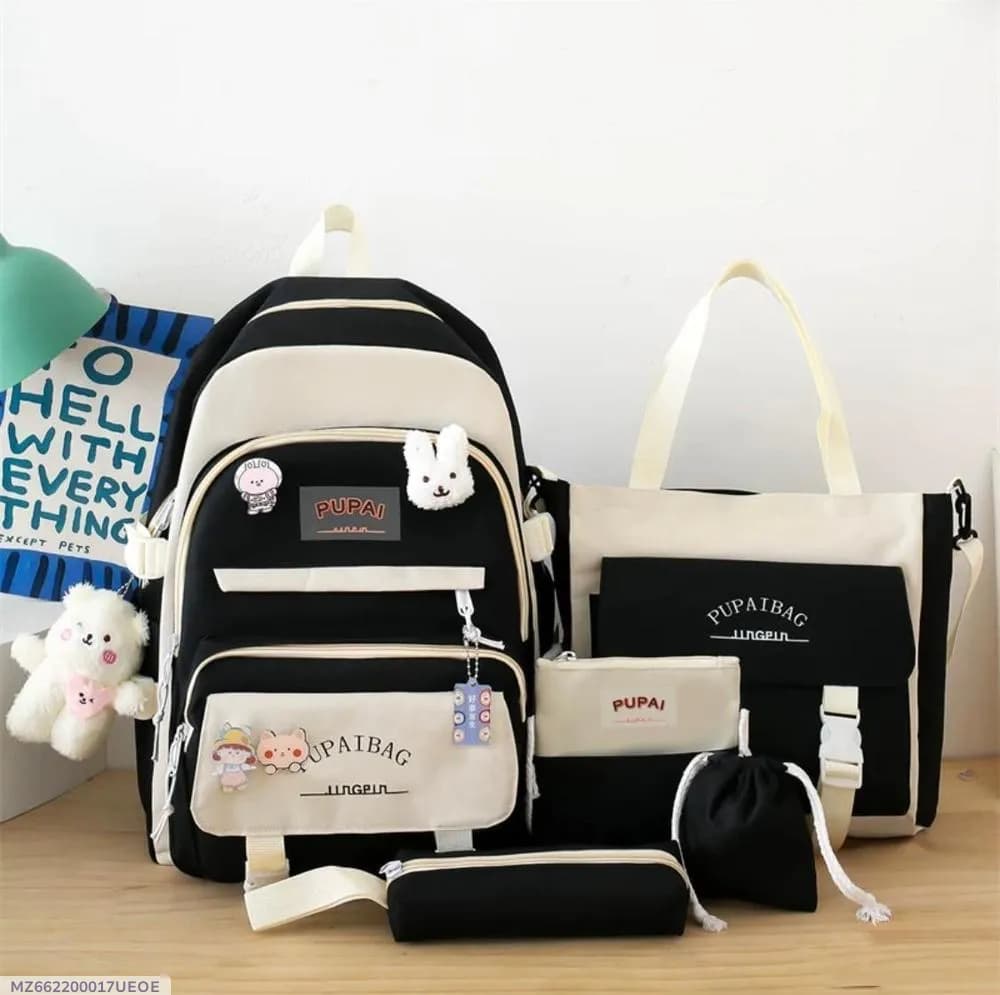 5-Piece Black Nylon Travel Backpack Set for Students