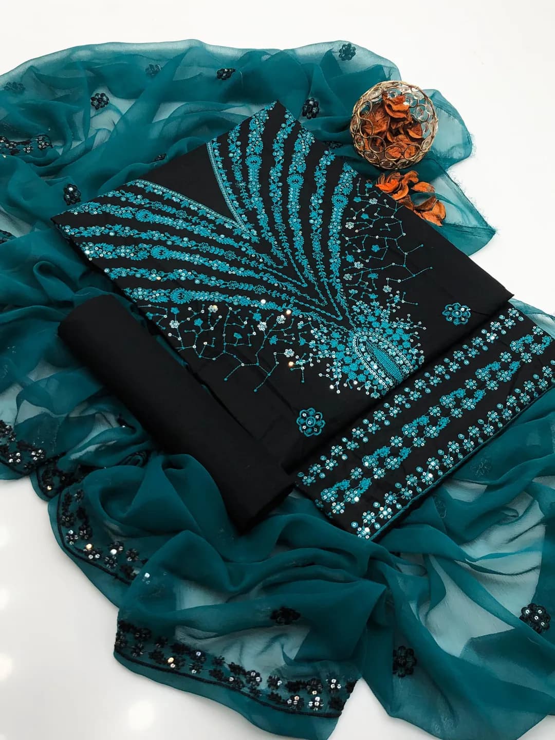Women's 3-Piece Embroidered Suit Black Chiffon Dupatta
