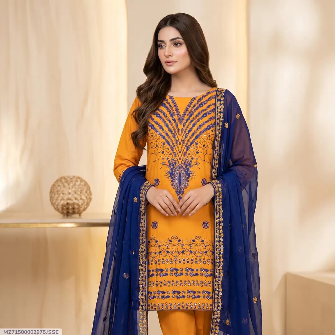 Women's 3-Piece Embroidered Suit Yellow Cotton Lawn Eid Party Wear