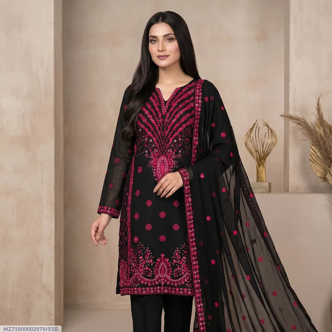 Black Embroidered 3-Piece Women's Suit for Eid Party Wear
