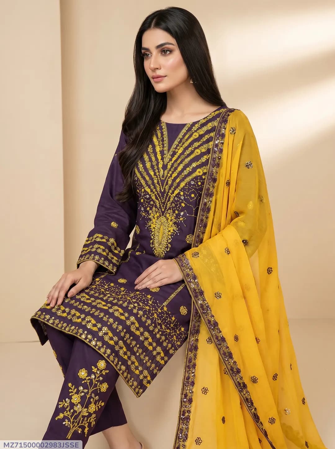 Purple Embroidered 3-Piece Women's Suit for Eid Party Wear