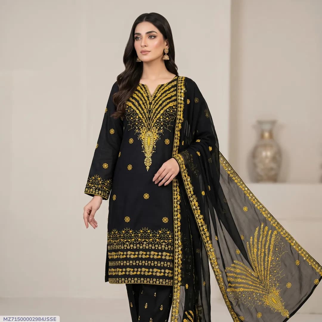 Black Embroidered 3-Piece Women's Suit for Eid Party Wear