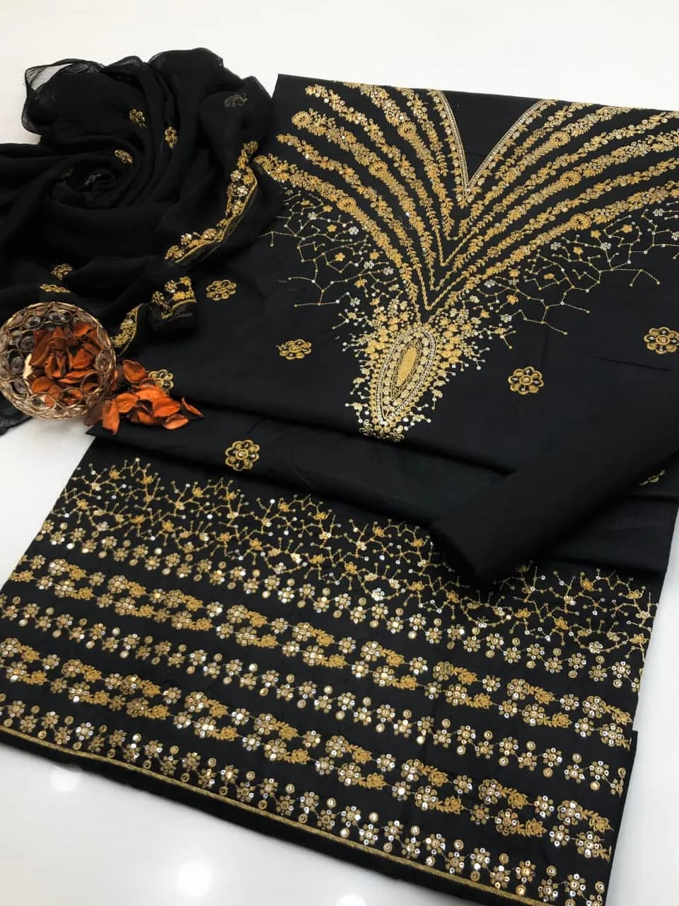 Black Embroidered 3-Piece Women's Suit for Eid Party Wear
