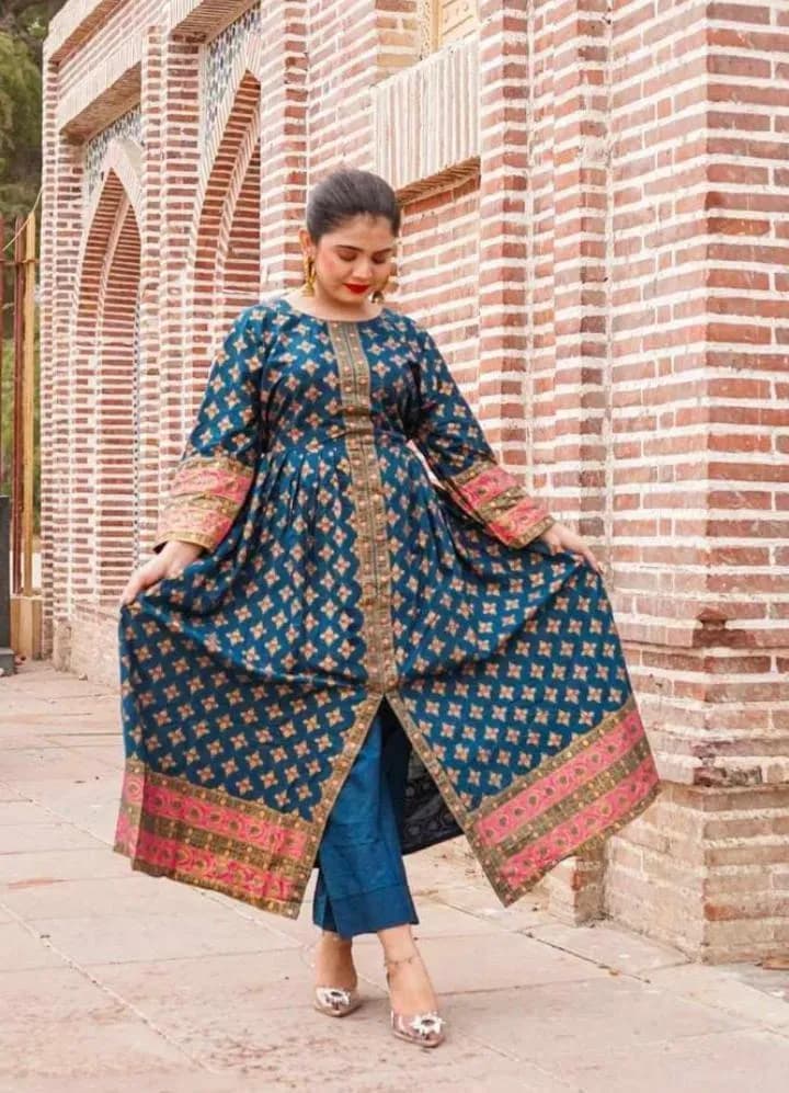 Silk Printed Frock & Trouser Set Blue Pakistani Wedding Festive