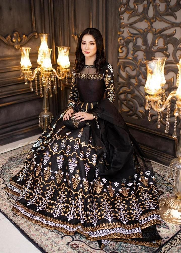 Black Katan Silk Maxi Set with Golden Floral Embroidery