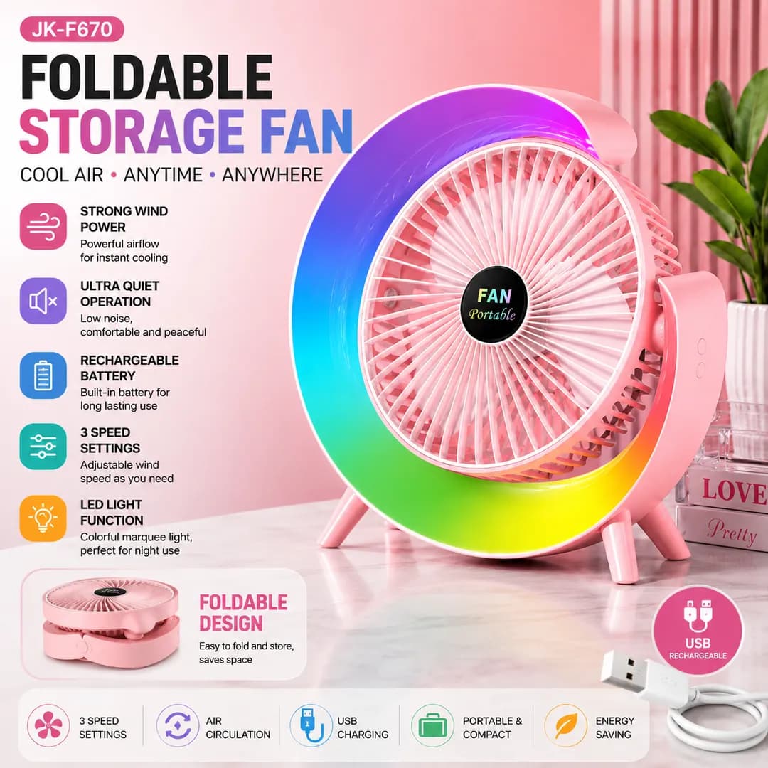 RGB LED Rechargeable Desktop Fan Portable USB Cooling Fan with 3 Speed Modes, 180° Adjustable Angle & Quiet Operation