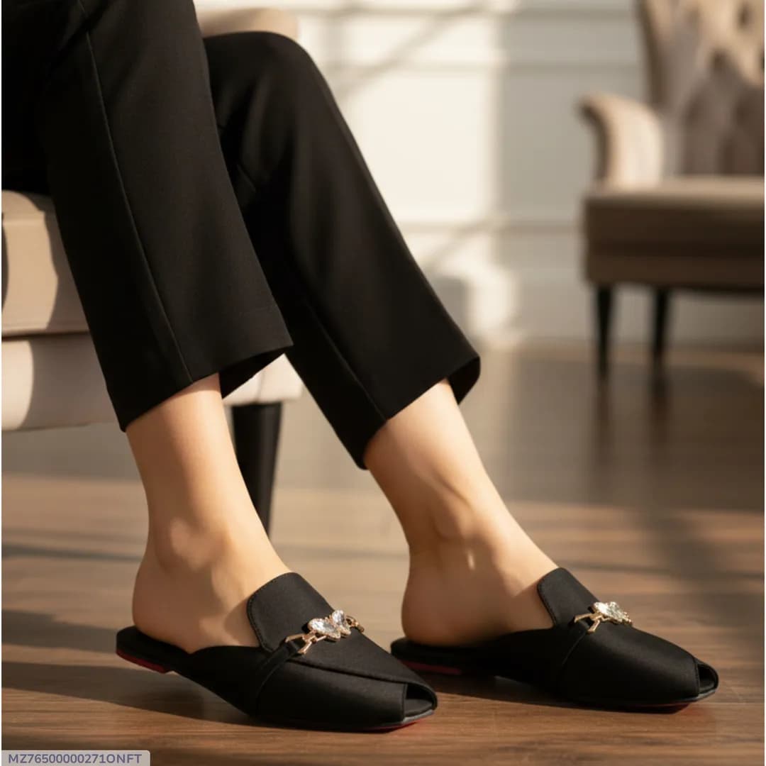 Women's Black Velvet Mules with Gold Embellishment