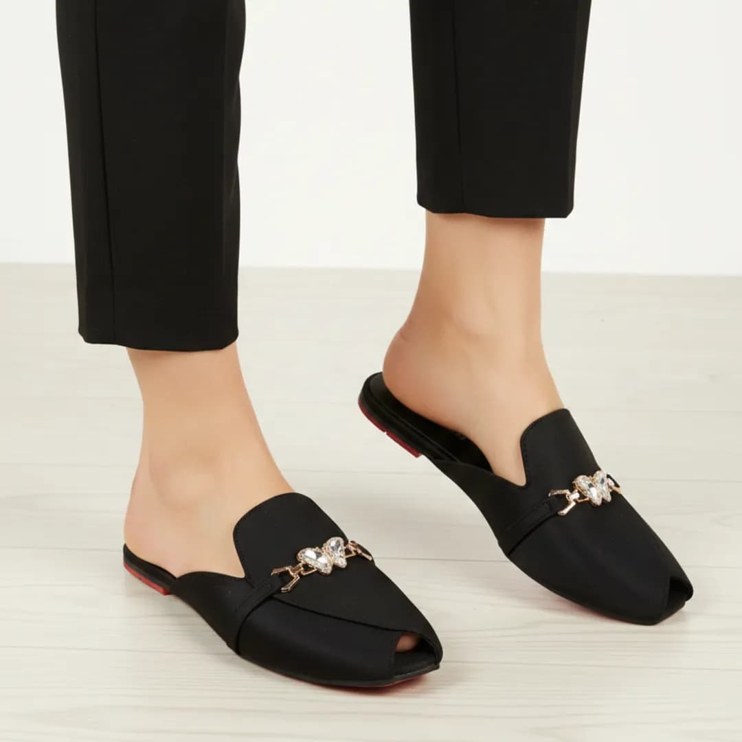 Women's Black Velvet Mules with Gold Embellishment