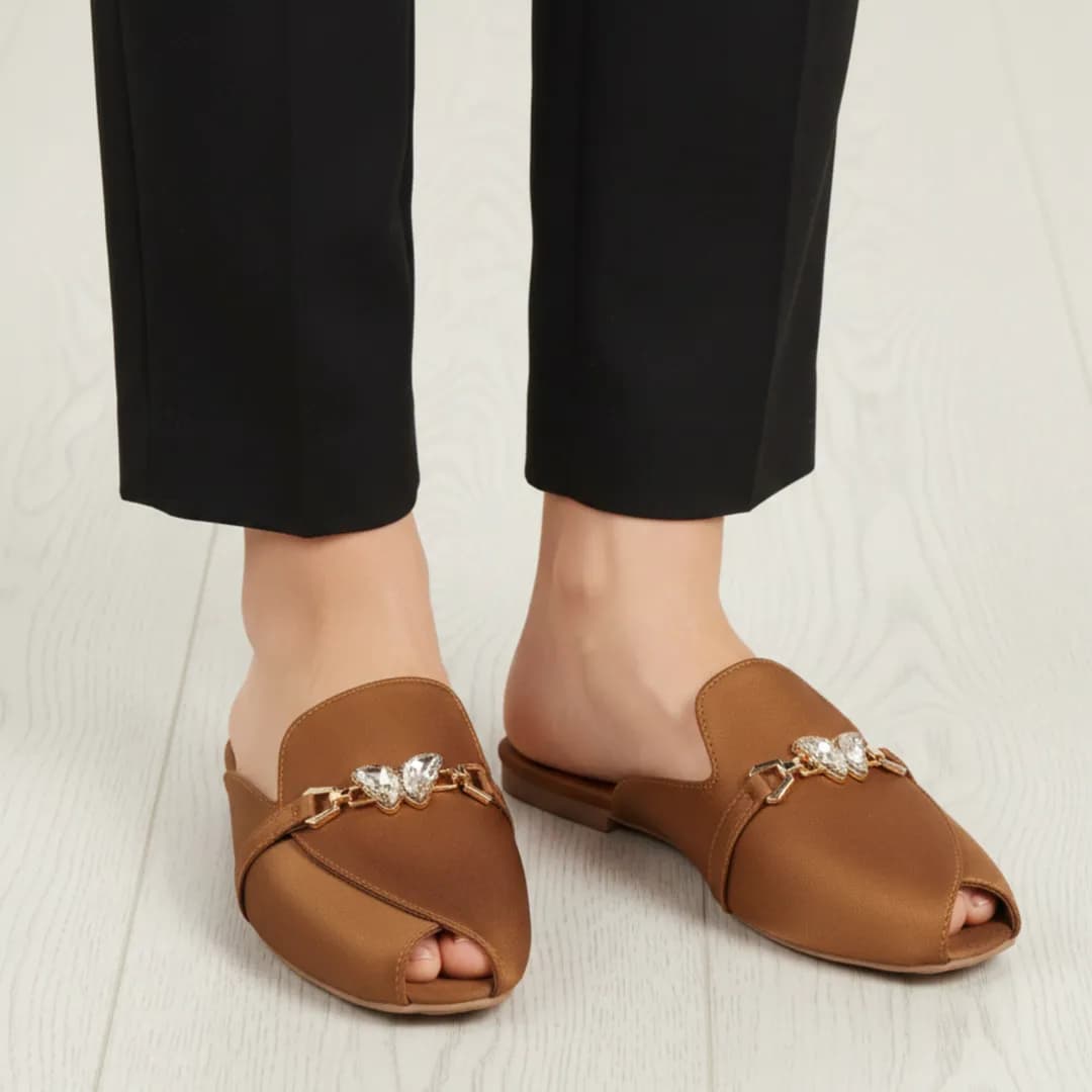 Women's Mustard Velvet Mules with Pearl Detail