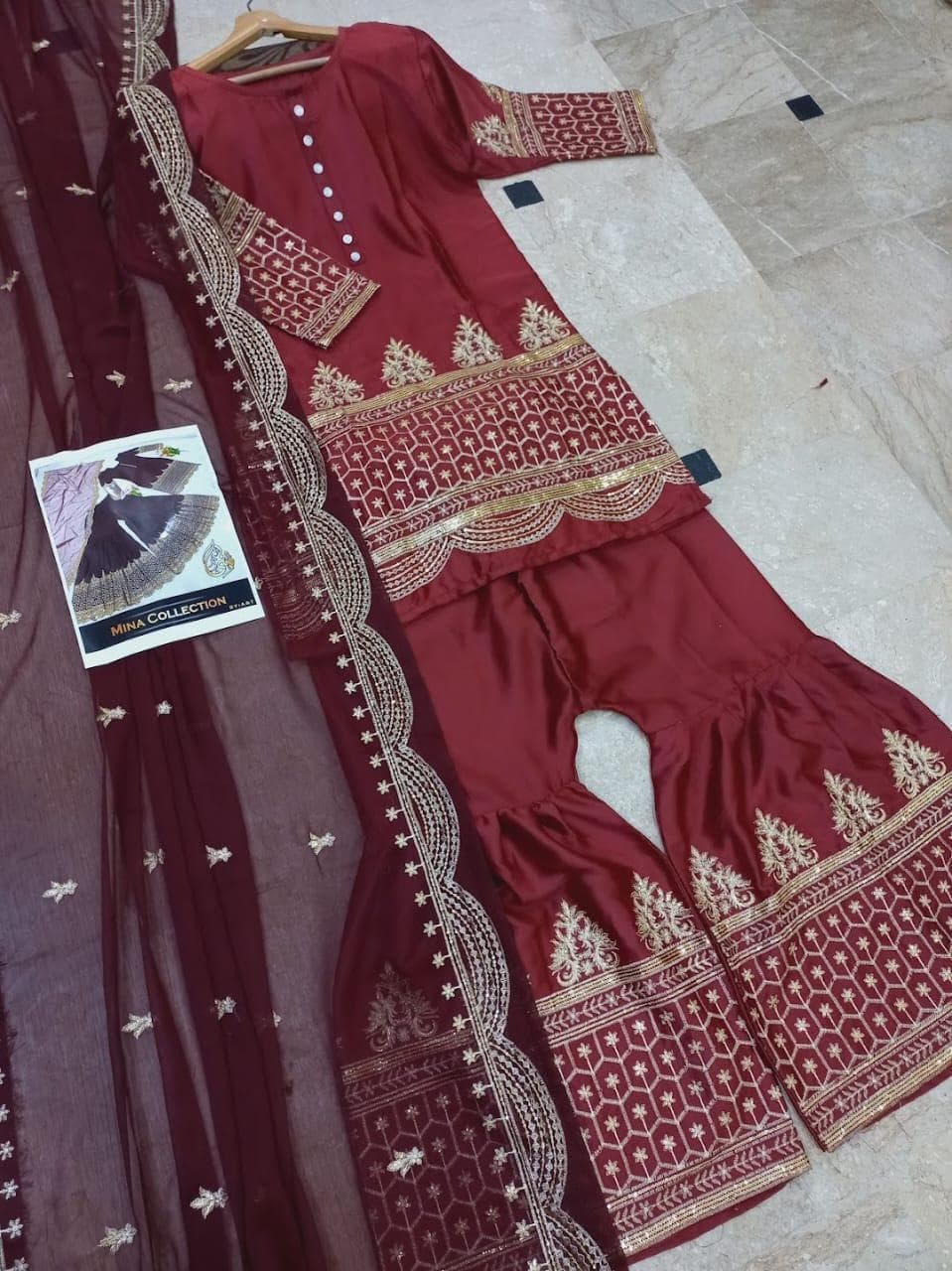 Maroon Sequins Embroidered Mehndi Suit 3Pc Silk Set