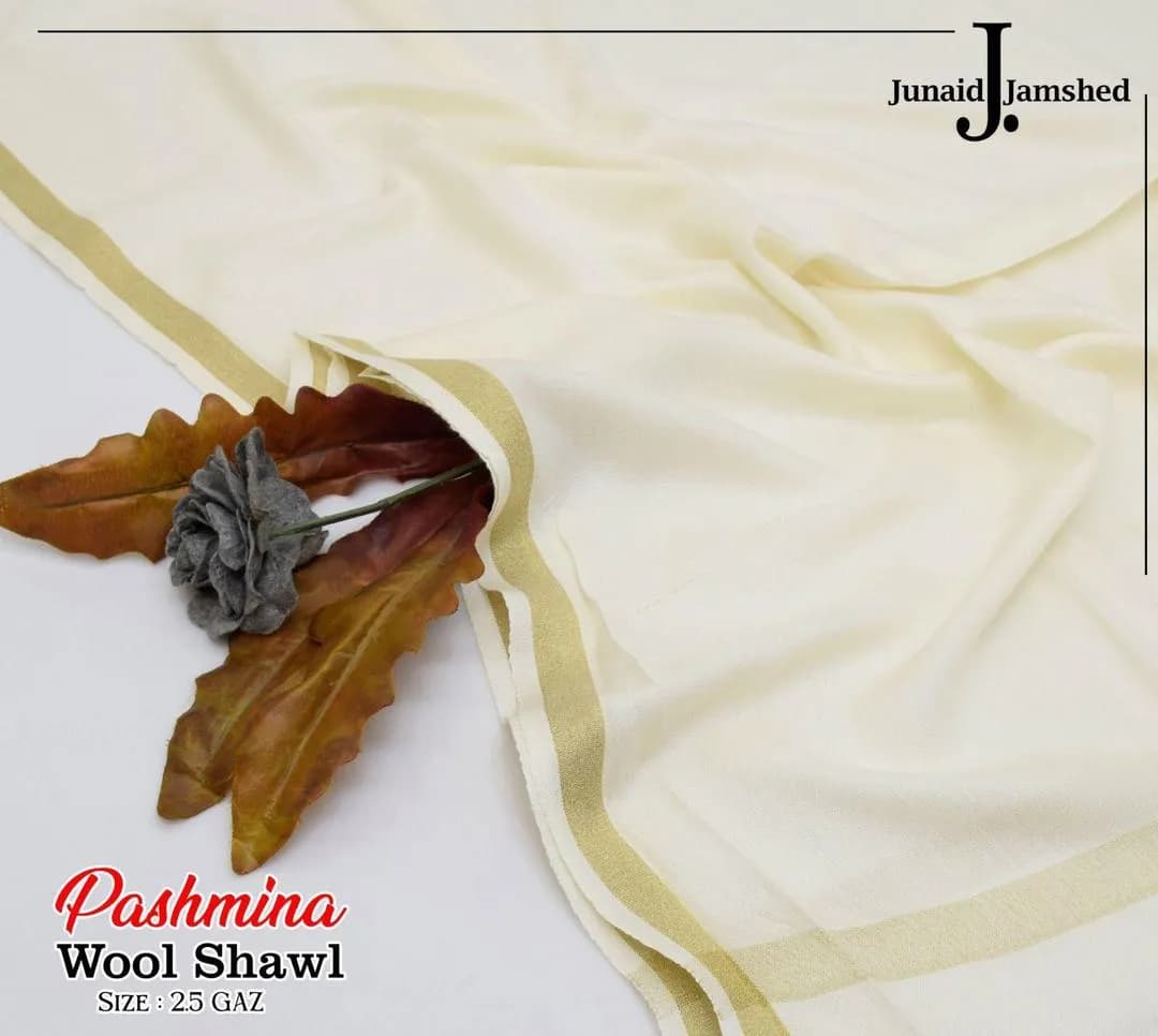 Pashmina Wool Shawl Off White Zari Tilla Border 2.5 Gazz