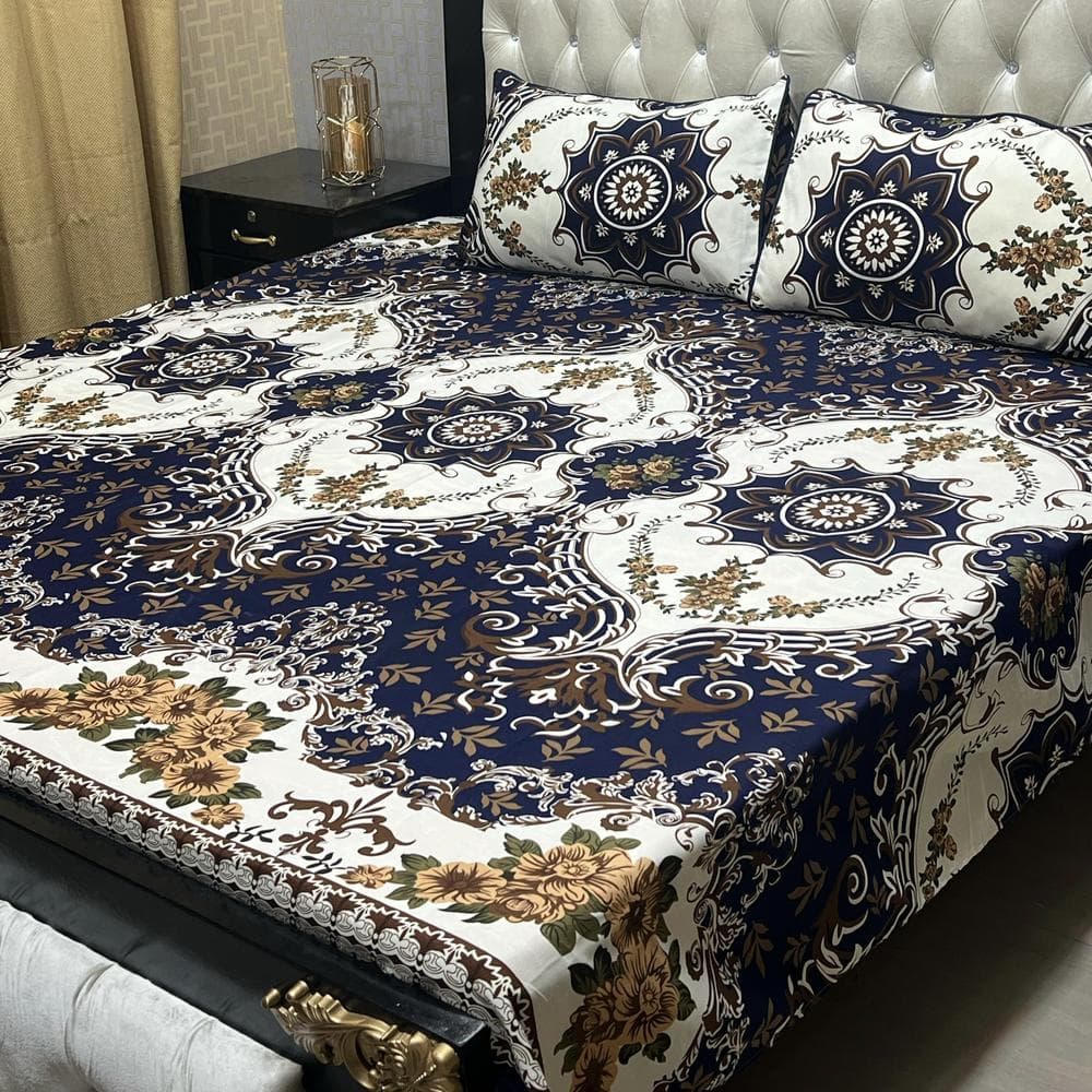 Crystal Cotton Printed Bedsheet Set Blue Double Bed