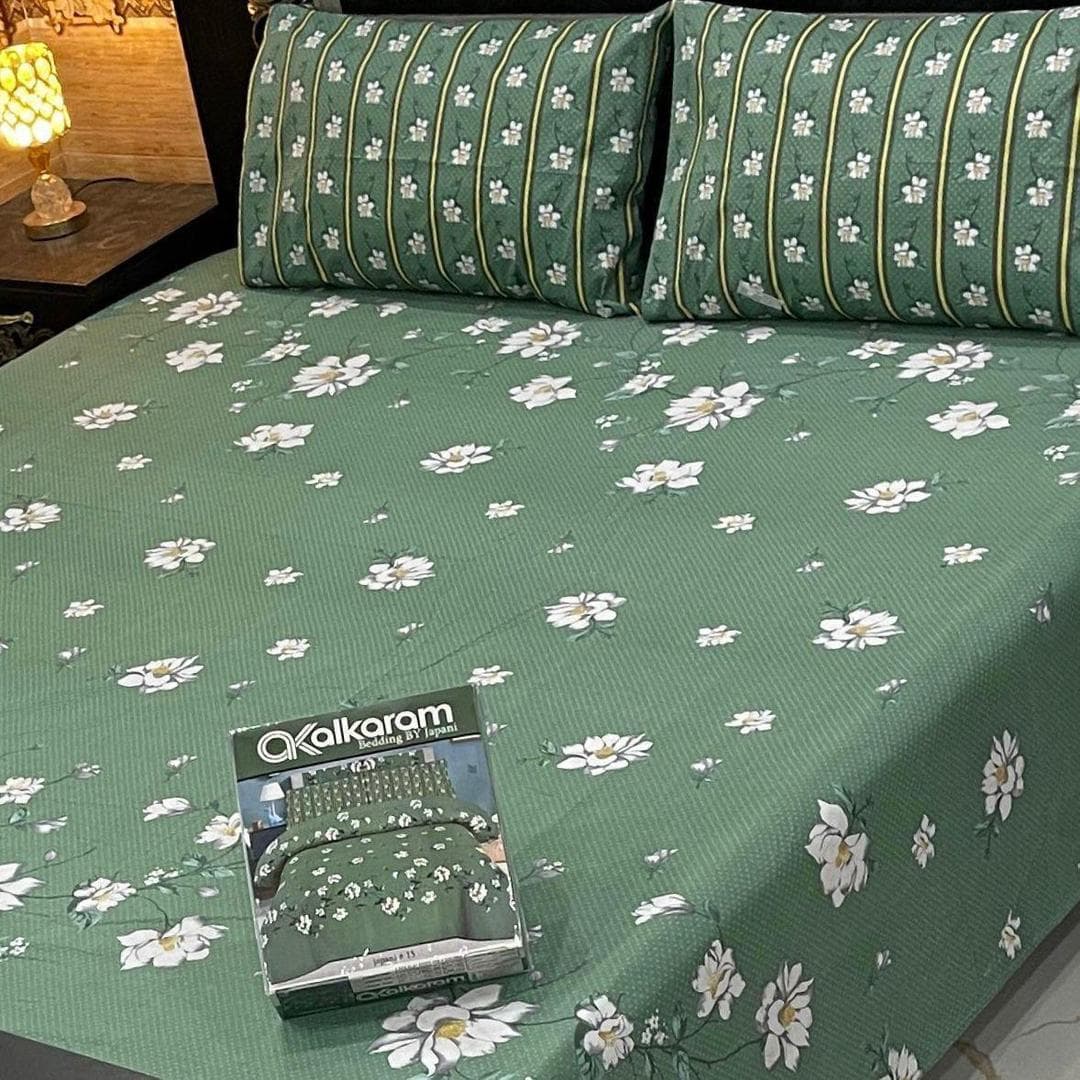 Green Floral Cotton Bedsheet Set Double Bed 3 Pcs