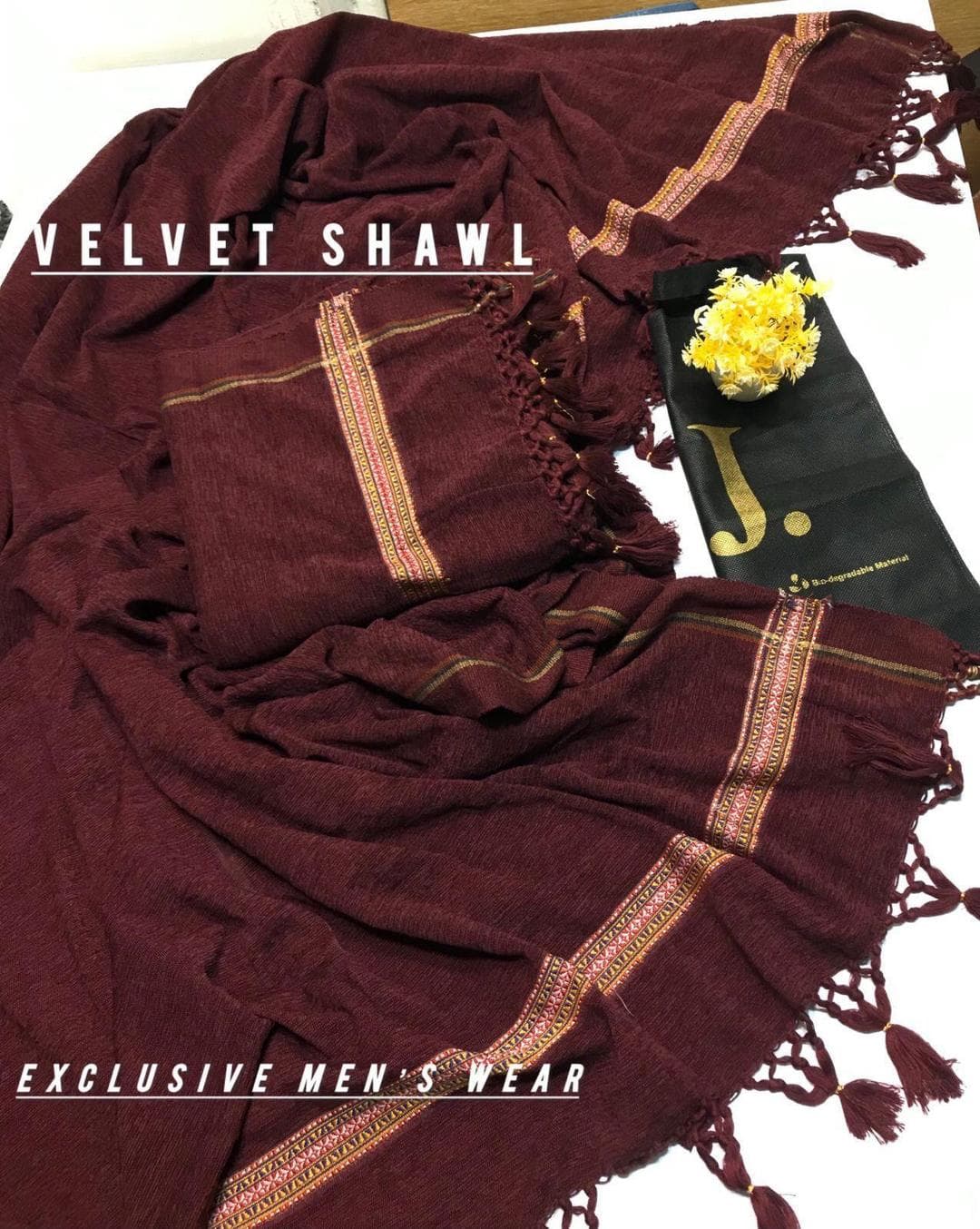 Premium Velvet Shawl Maroon Tassels Pakistan