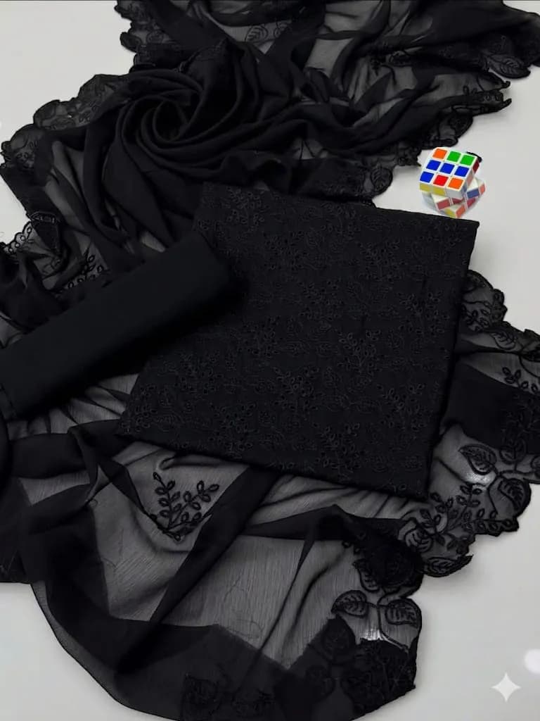 Black Chikankari 3-Piece Women's Suit with Chiffon Dupatta