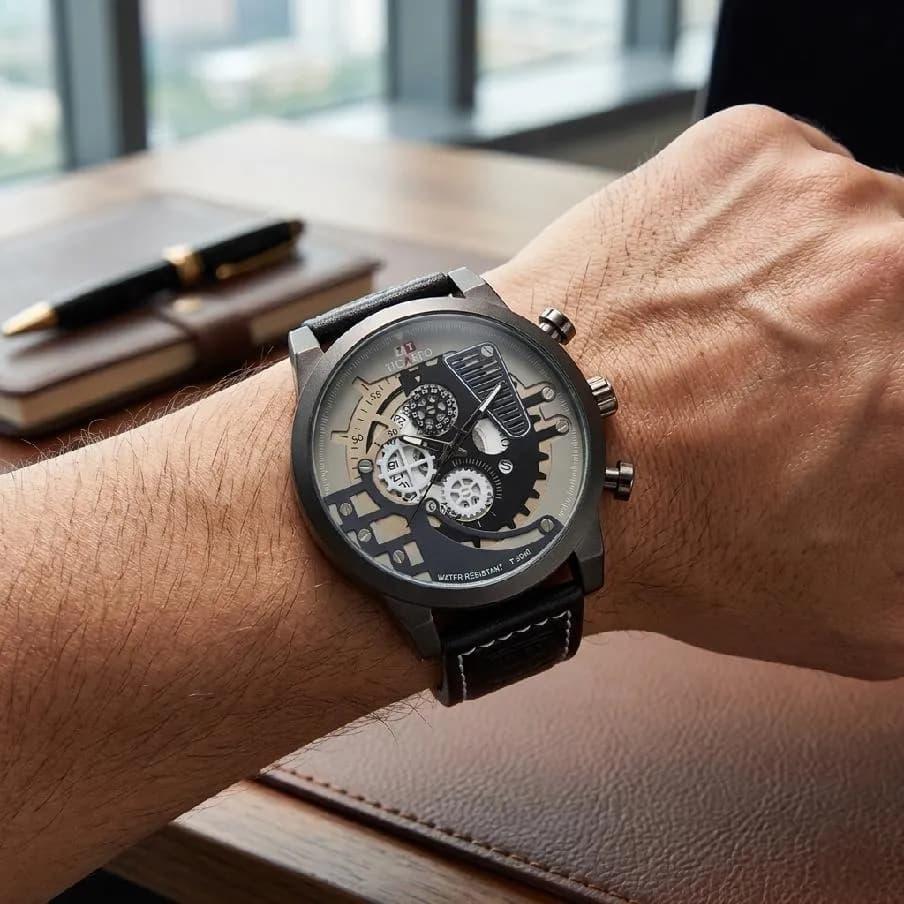Men's Skeleton Watch Matte Black Leather Strap