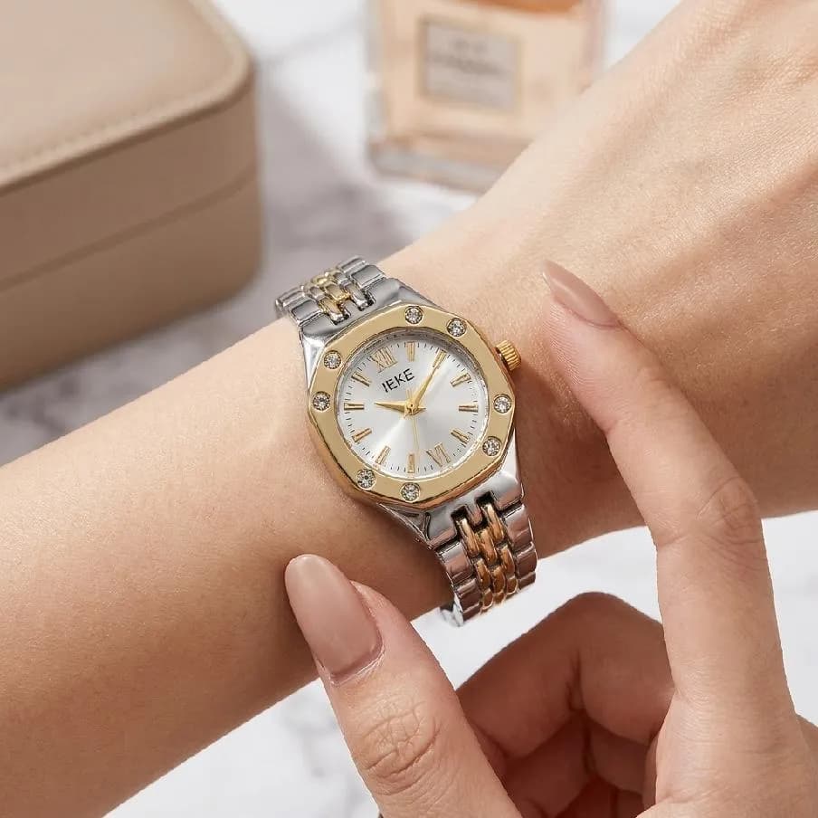 IEKE Octagonal Gold Silver Watch with Crystal Accents