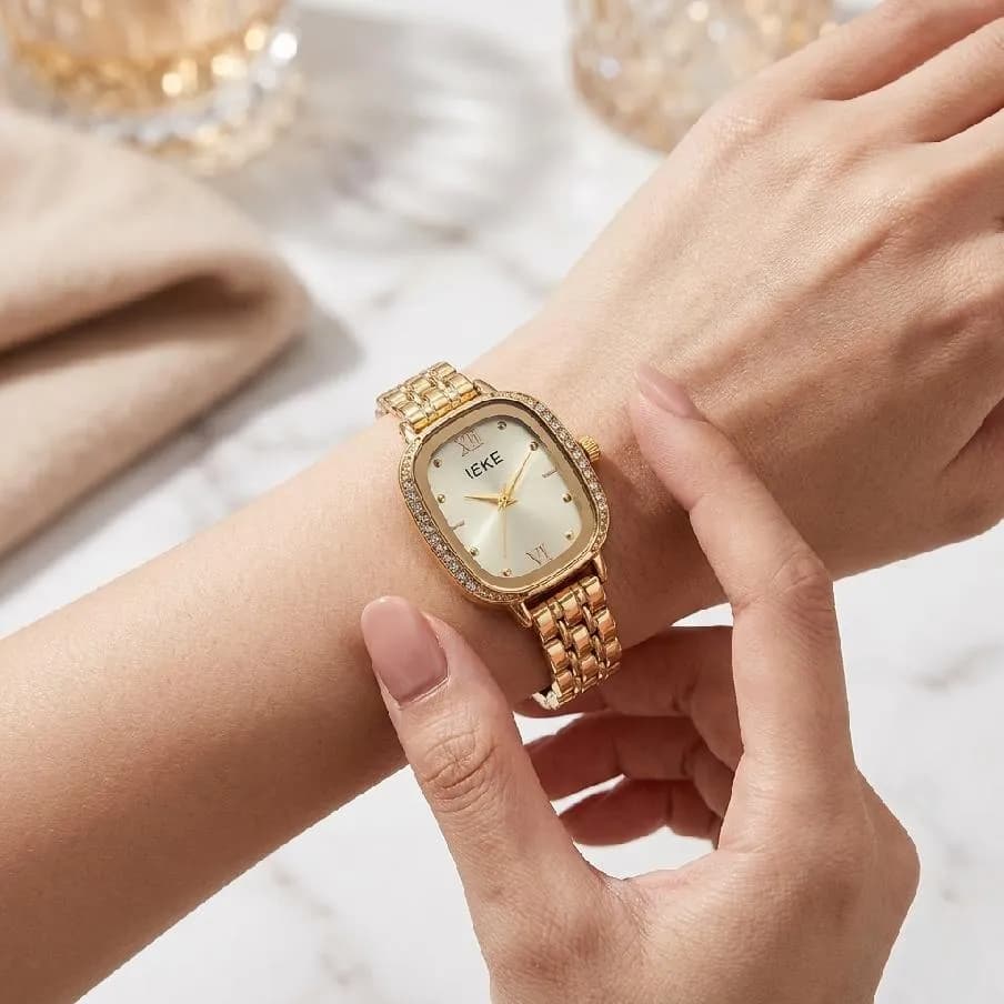 Gold Titanium Watch with Crystal Bezel for Women