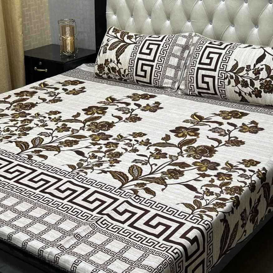 Crystal Cotton Floral Greek Key Bedsheet Set Double Bed