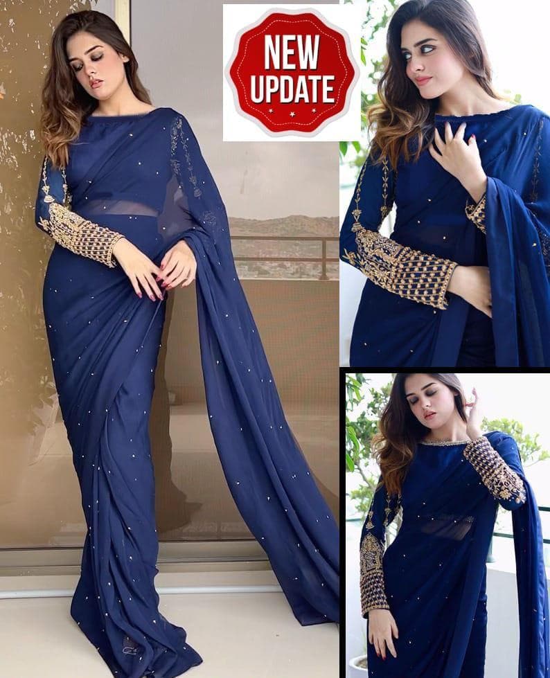 Blue Chiffon Sequins Embroidered 3Pcs Set Medium