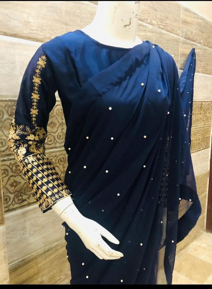 Blue Chiffon Sequins Embroidered 3Pcs Set Medium