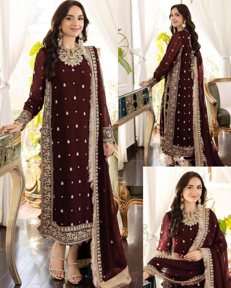 Maroon Embroidered 3Pcs Crinkle Chiffon Suit Medium to XL