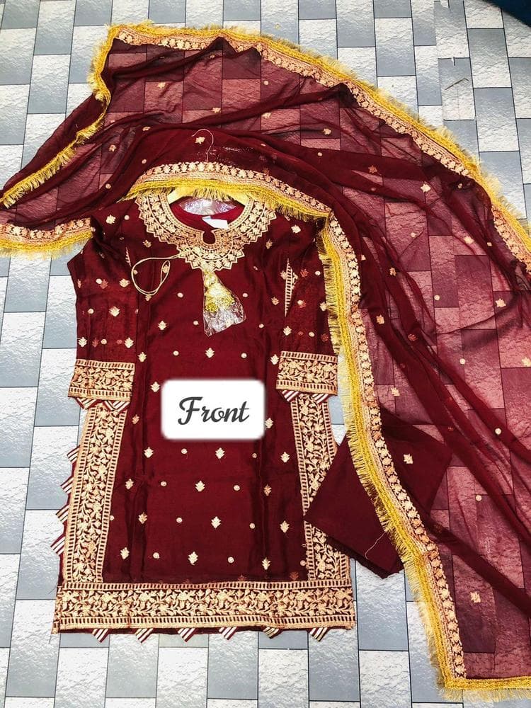 Maroon Embroidered 3Pcs Crinkle Chiffon Suit Medium to XL