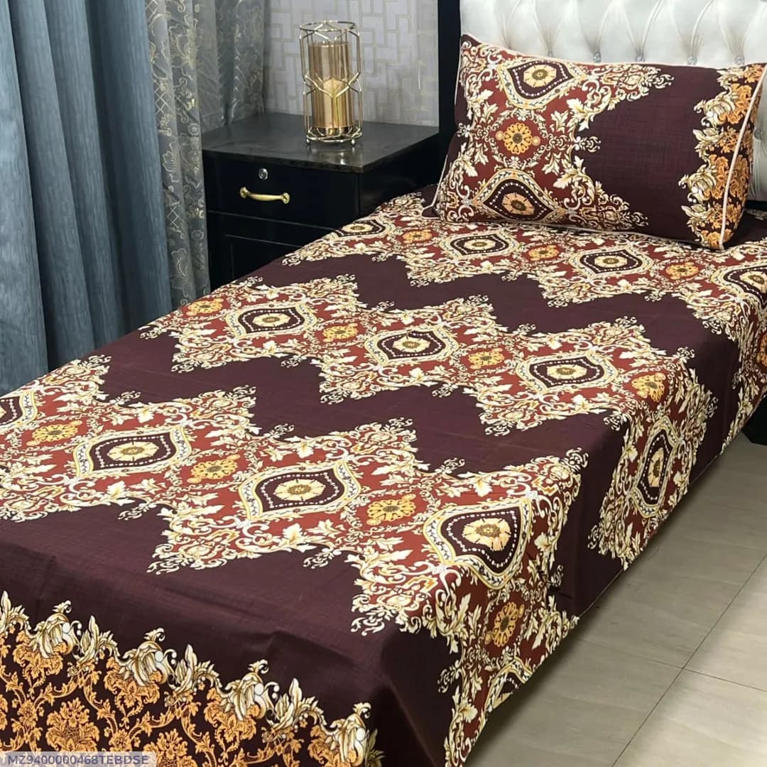 Single Bed Printed Bedsheet Set Brown Crystal Cotton