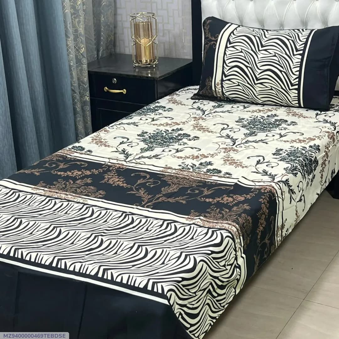 Single Bed Printed Crystal Cotton Bedsheet Set Off White